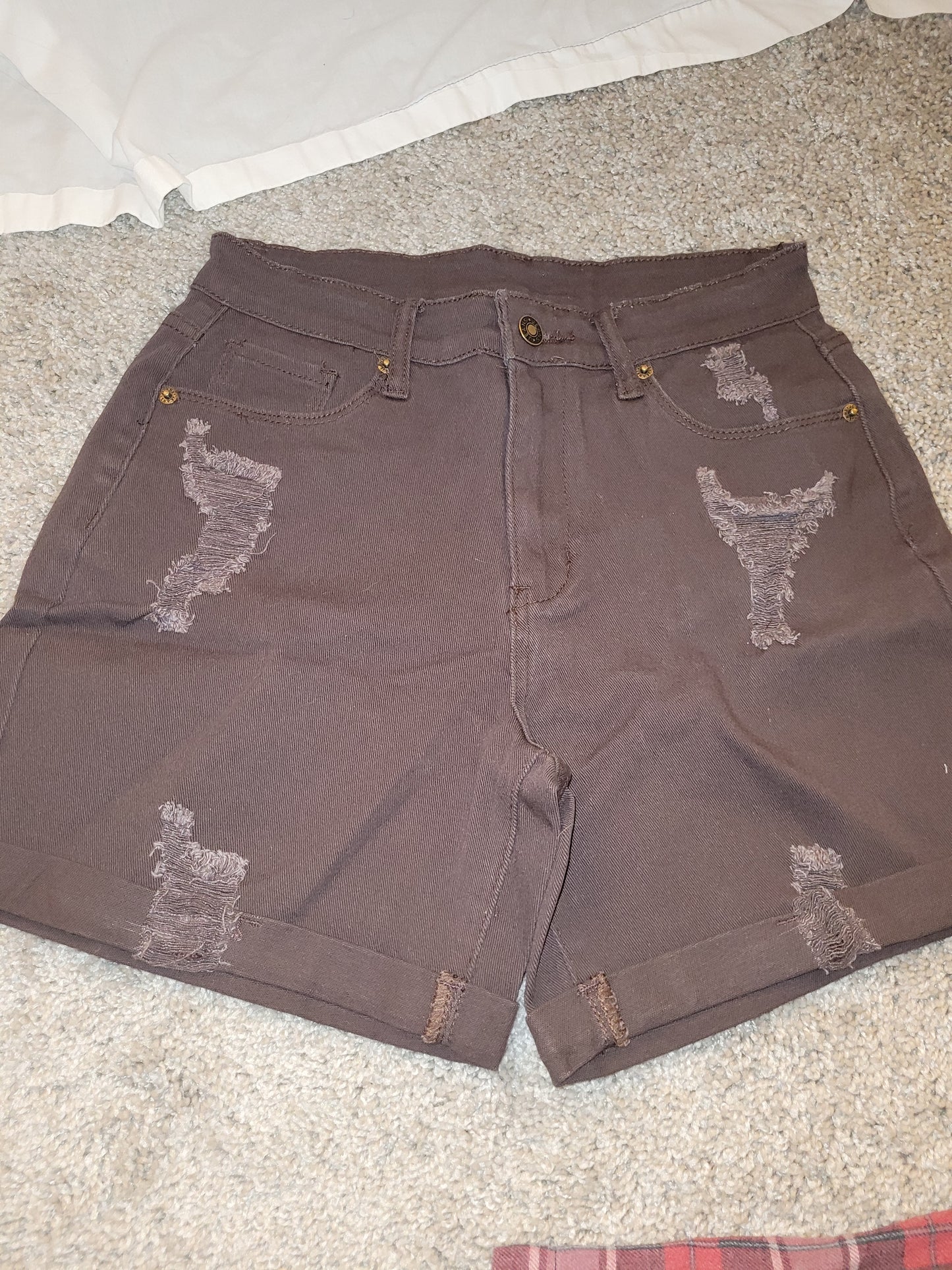 Brown Rolled Hem Distressed Denim Shorts - New