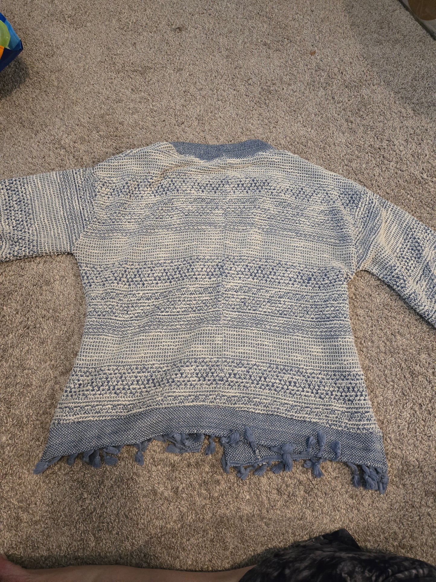 Massini Blue and White Open Front Sweater - Gently Used