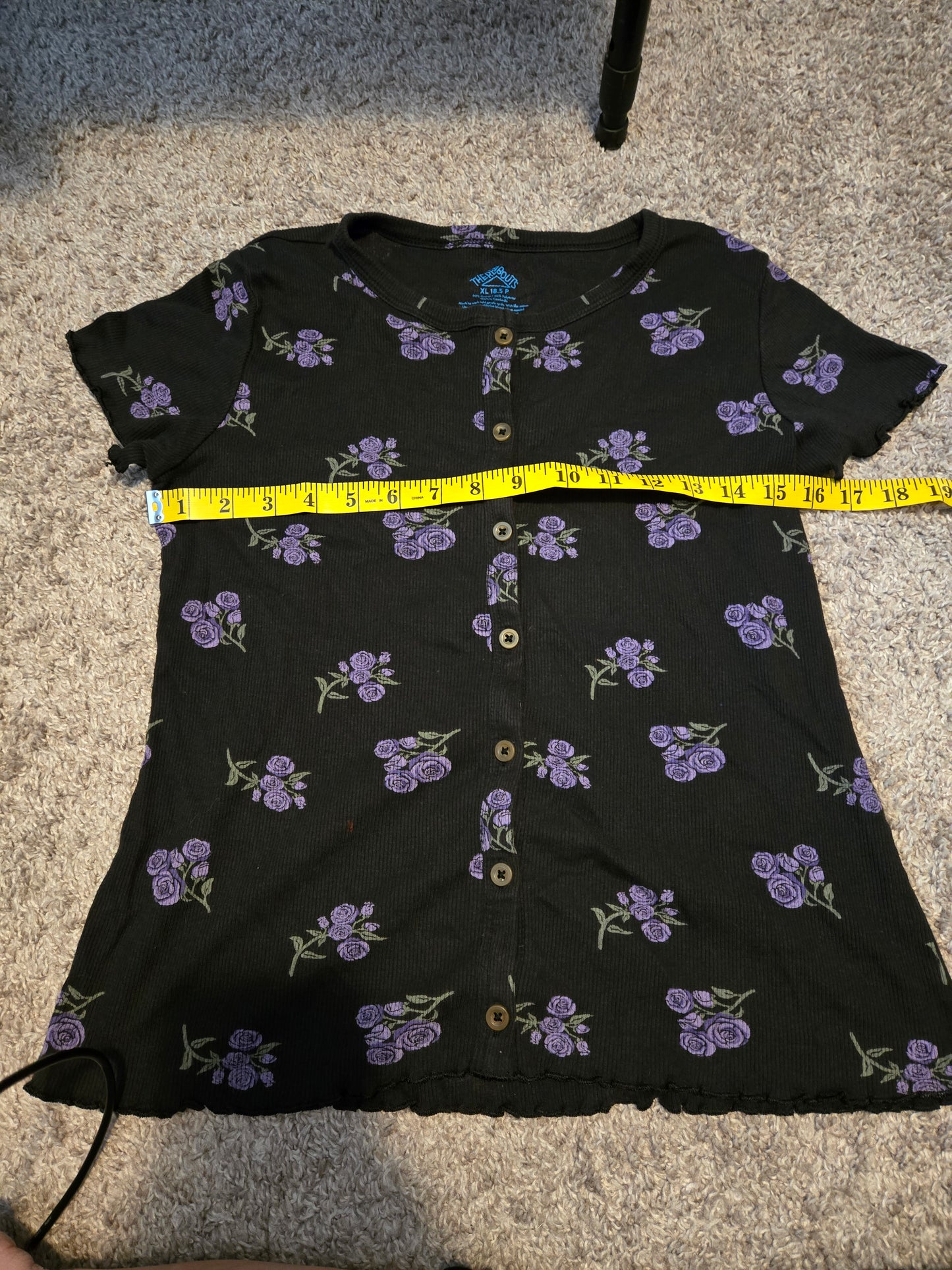 There Abouts Black and Purple Floral Button Up Short Sleeve TShirt
