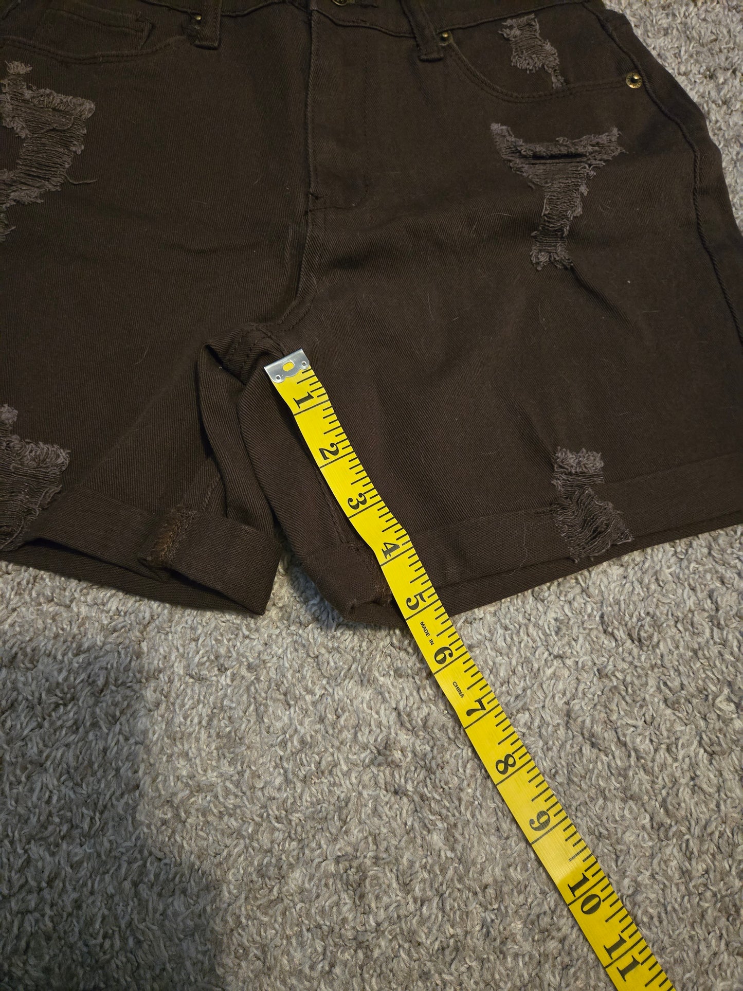 Brown Rolled Hem Distressed Denim Shorts - New