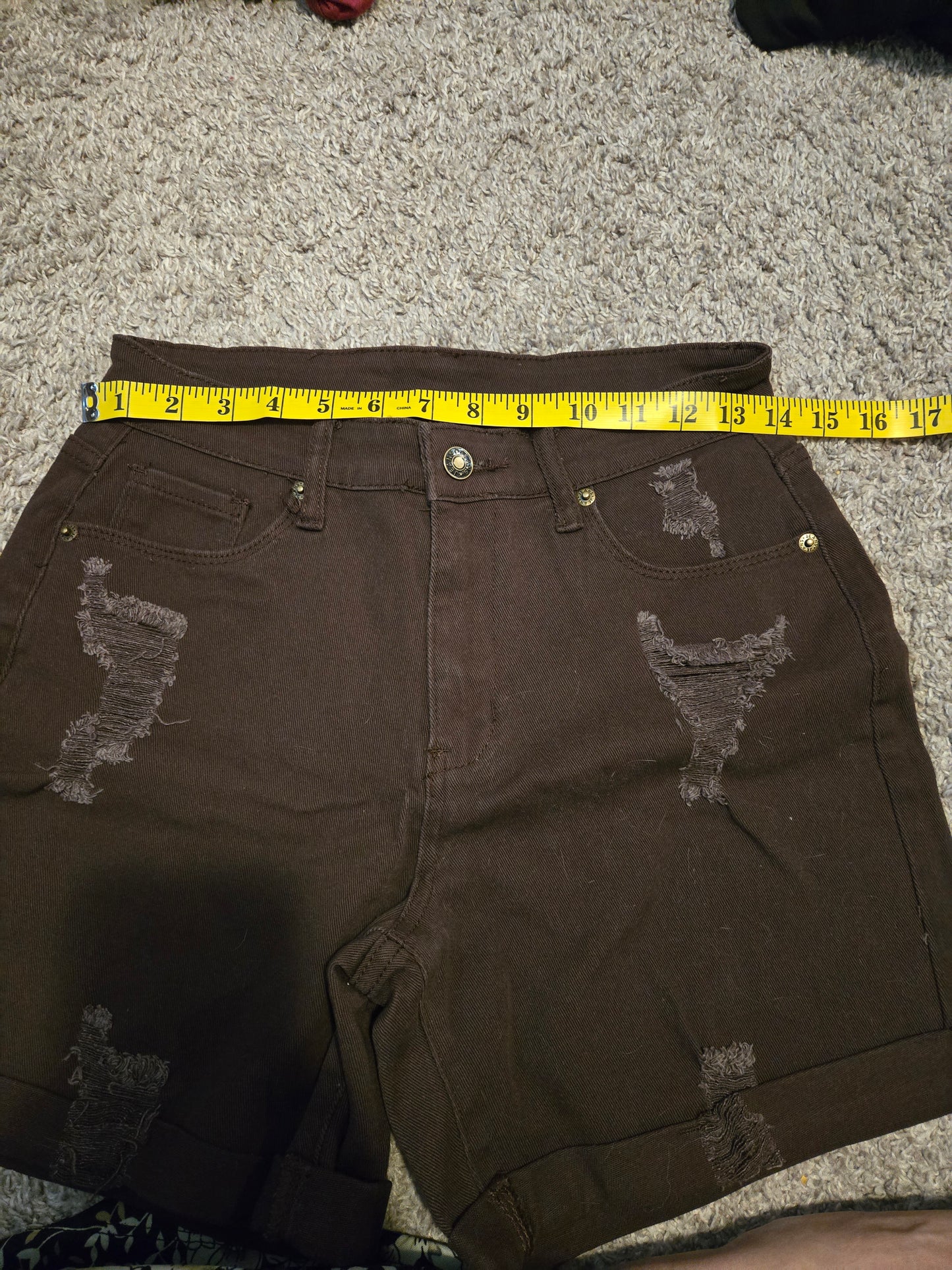 Brown Rolled Hem Distressed Denim Shorts - New