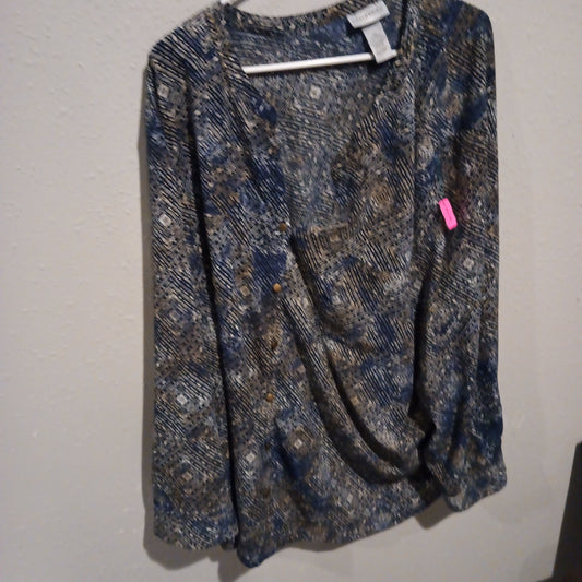 Catherines Blue and Brown Long Sleeve Button Up Blouse - Gently Used