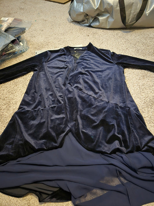 R.Vivimos Velvet Dark Blue Long Sleeve Open Front Shirt