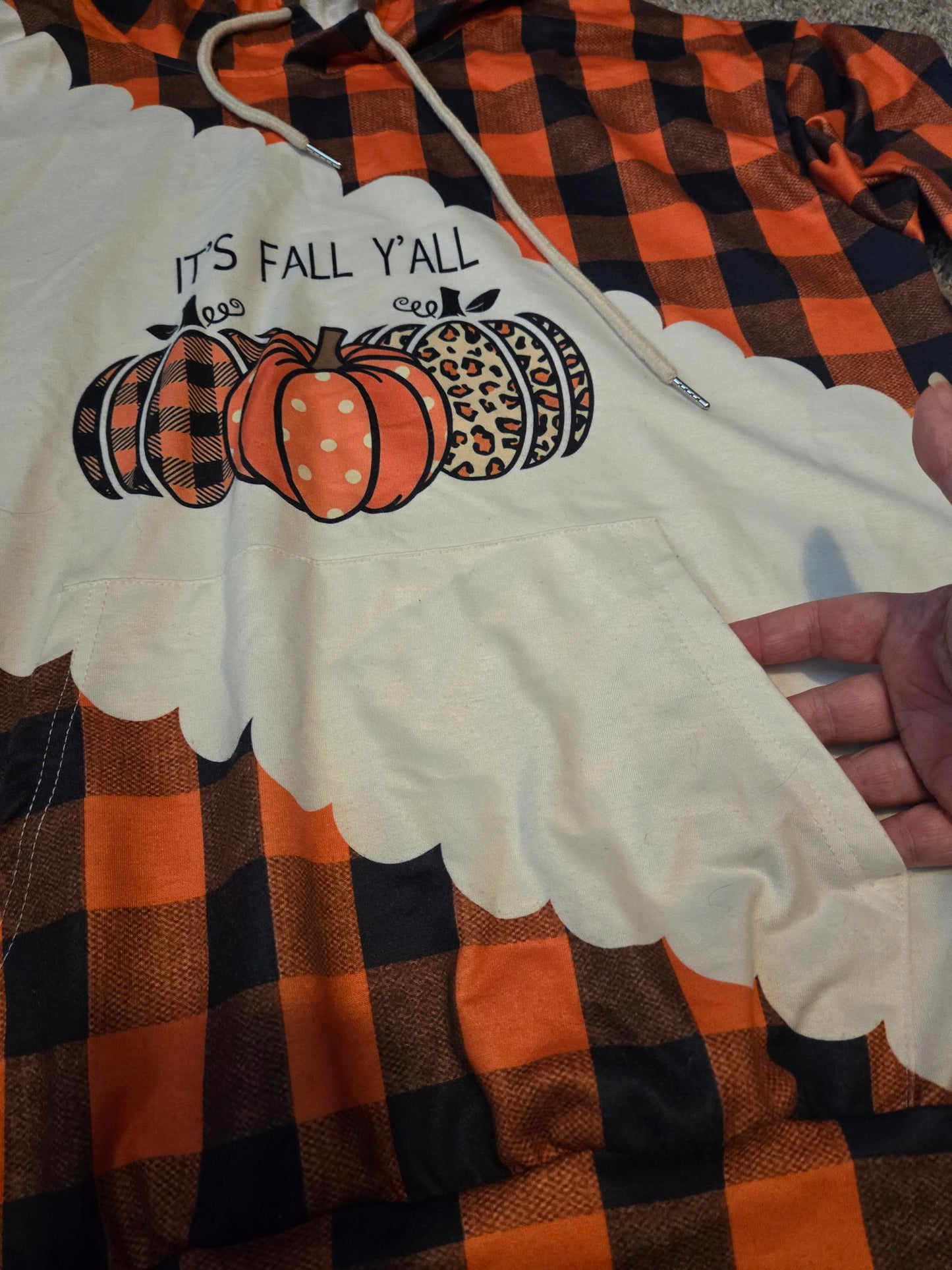 Fall Style Orange and White Hoodie Shirt With Kangaroo Pouch- Gently Used