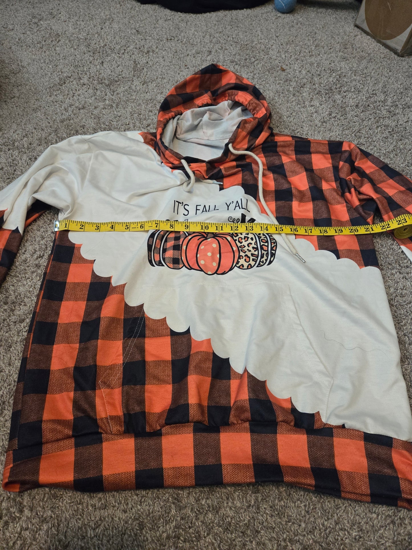 Fall Style Orange and White Hoodie Shirt With Kangaroo Pouch- Gently Used