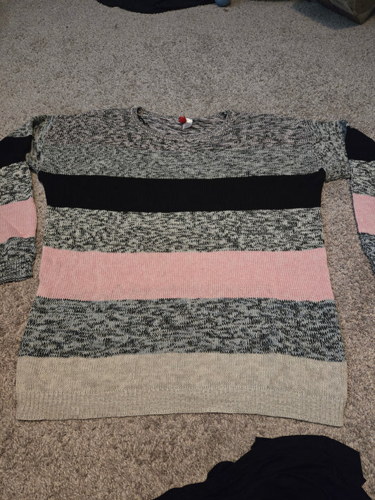 Divided Black, Pink, and Gray Striped Sweater  - Gently Used