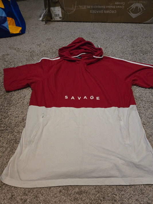 Carbon Savage Red and White Short Sleeve Hoodie