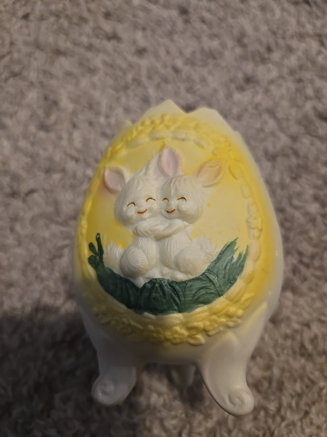 3 Footed, Bisque, Egg Shaped Vase With 3D Bunnies On Front