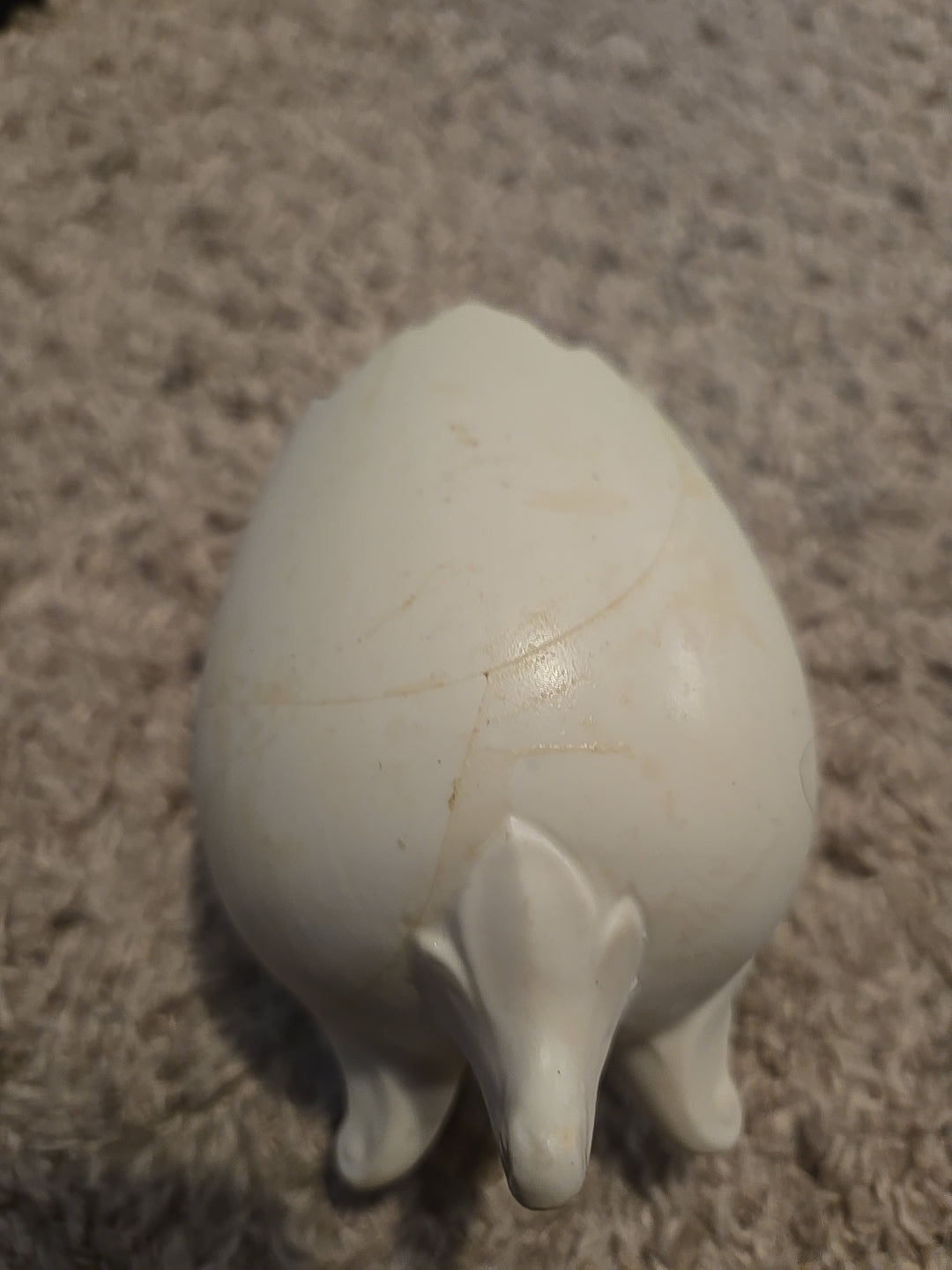 3 Footed, Bisque, Egg Shaped Vase With 3D Bunnies On Front