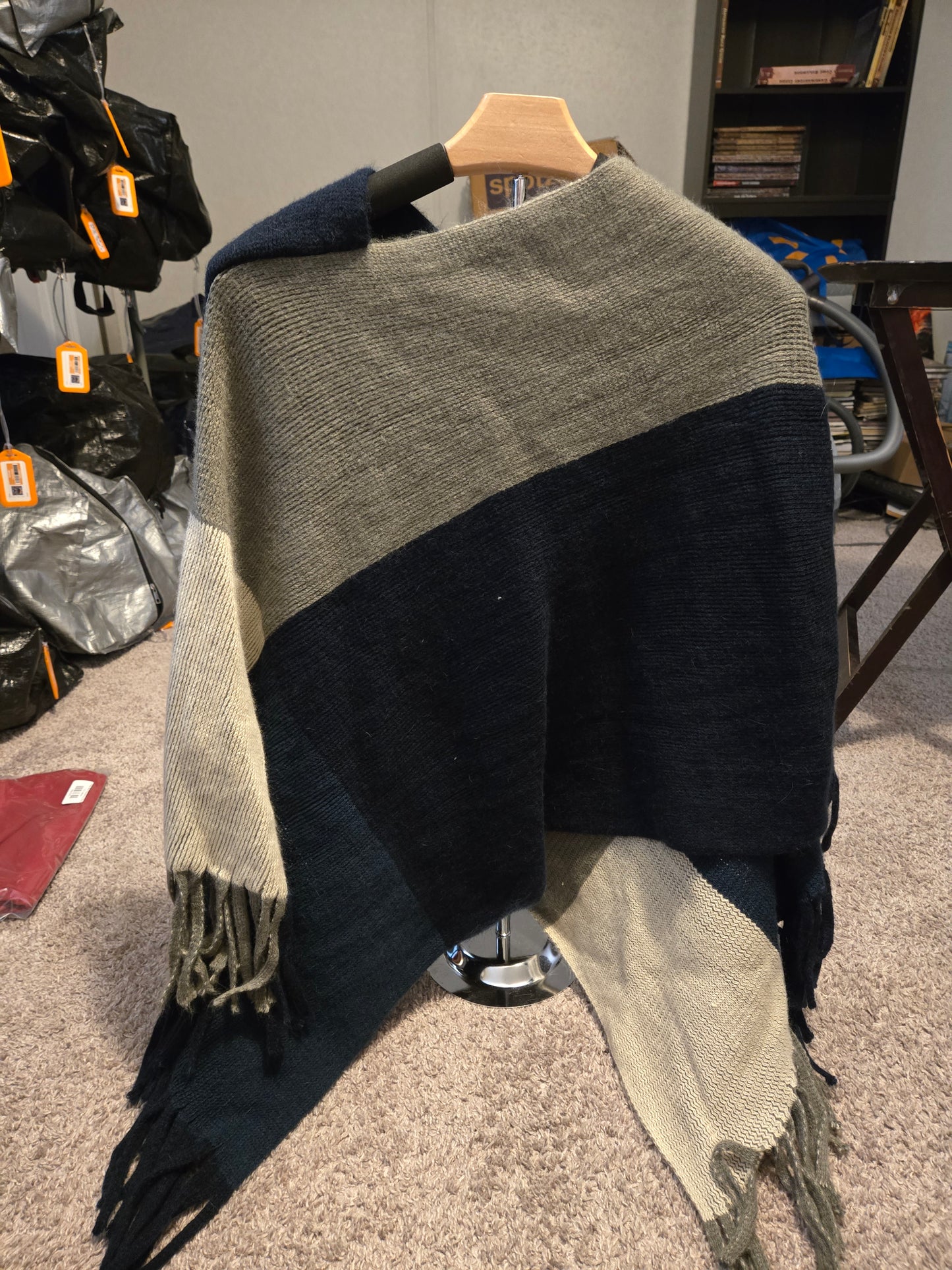 Blue and Gray Striped Sweater Poncho style Cardigan