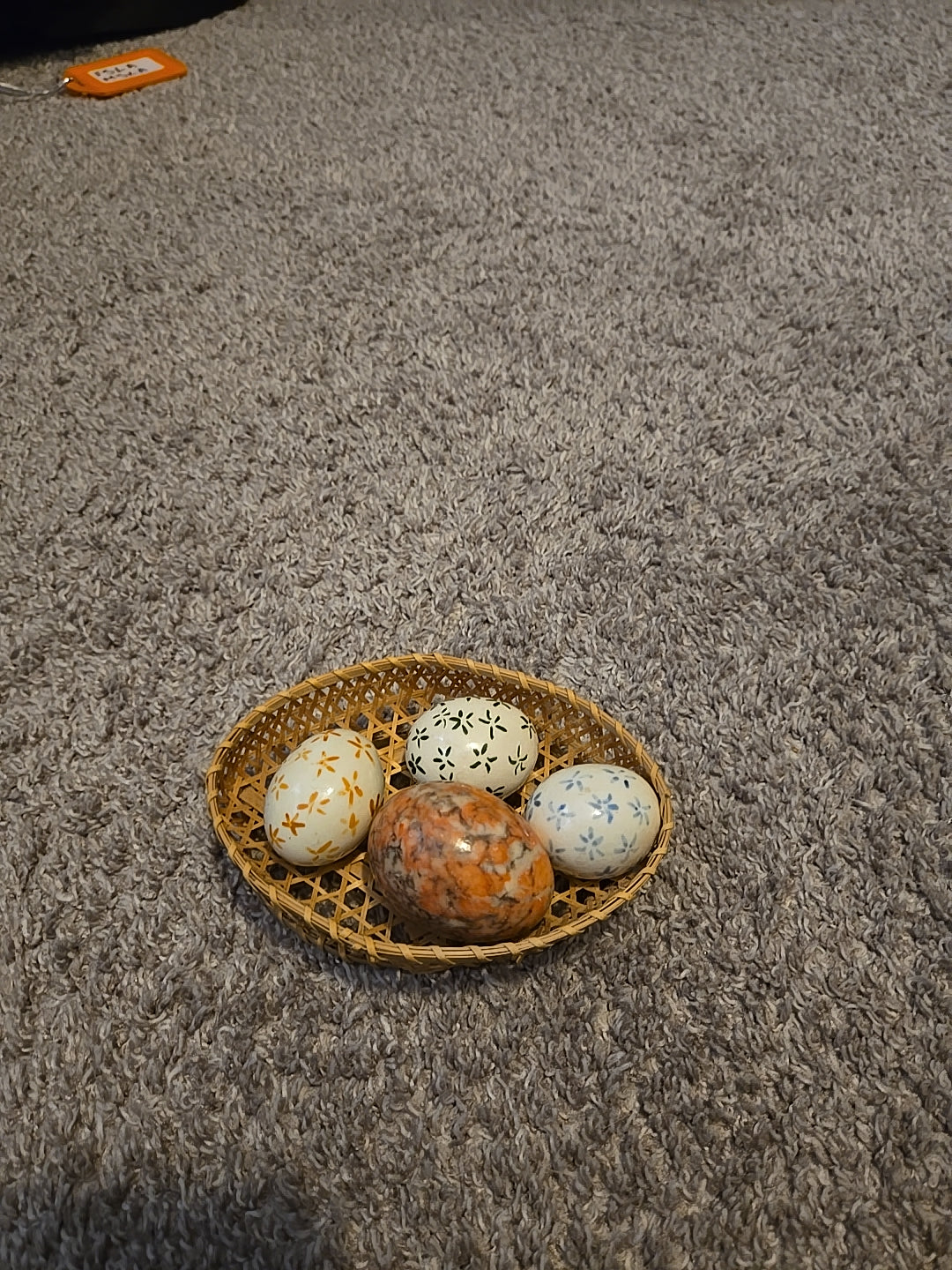 Wicker Basket With Glass And Quartz Eggs