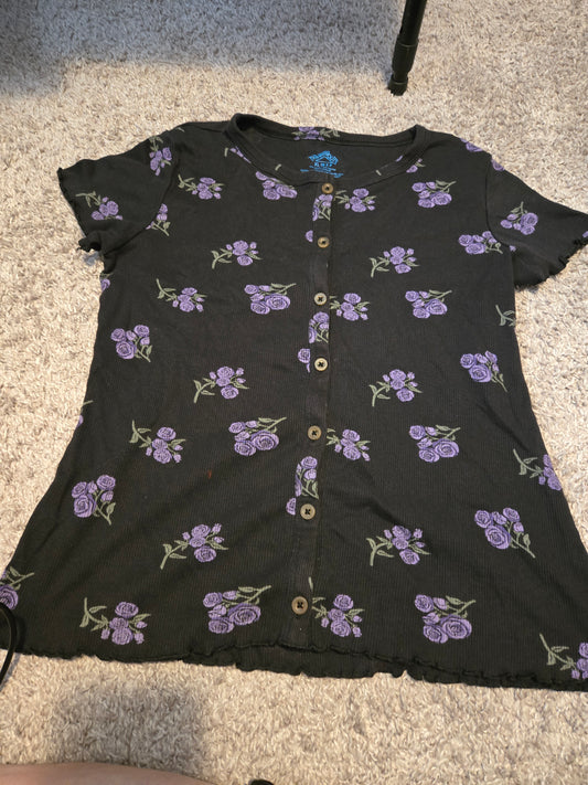 There Abouts Black and Purple Floral Button Up Short Sleeve TShirt
